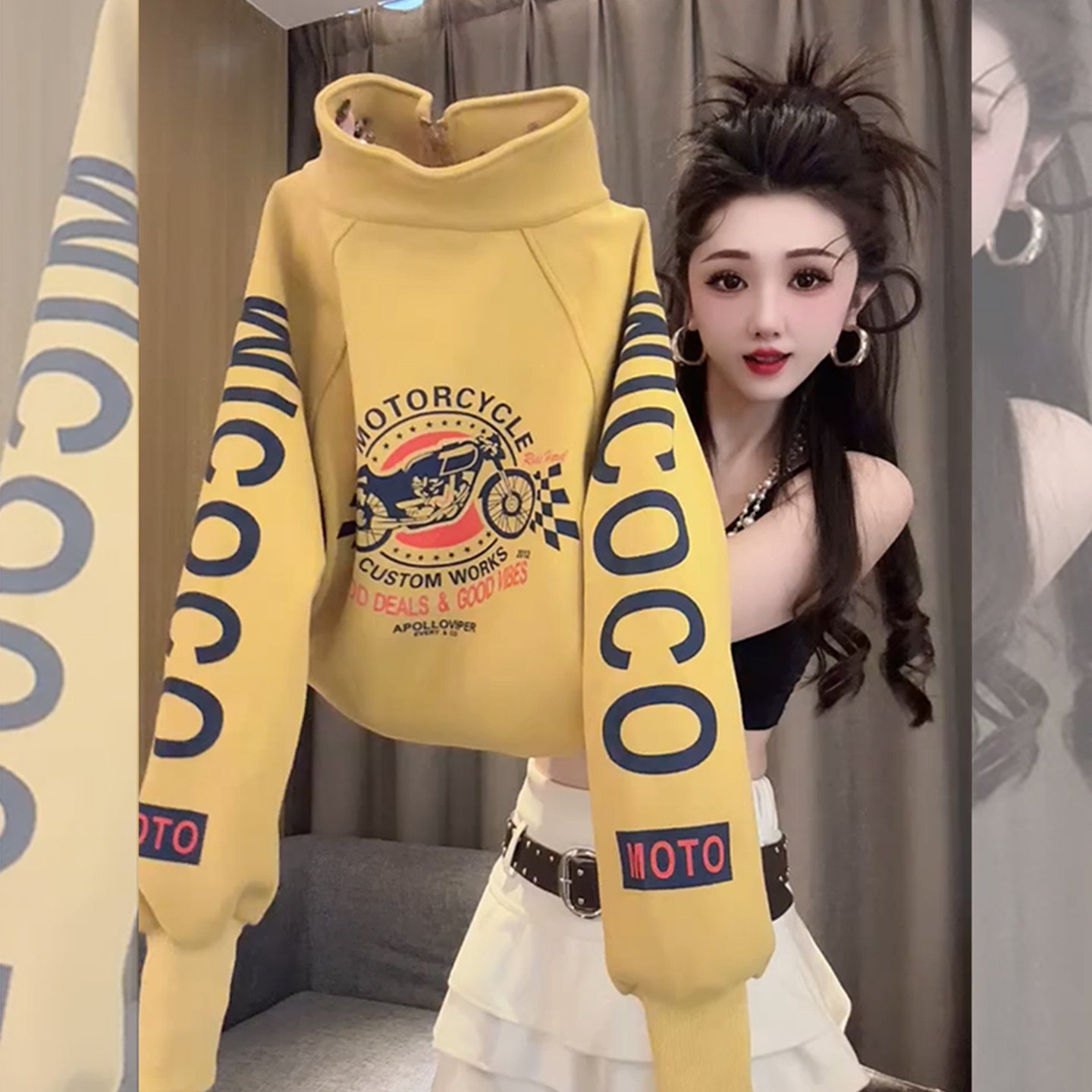 美式芝士~黄色字母印花立领卫衣女秋冬套头加厚百搭半开拉链上衣