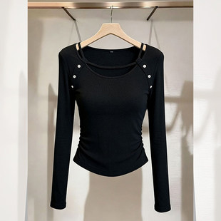 小众限定~设计感黑色收腰短款打底衫女秋冬独特漂亮修身内搭上衣