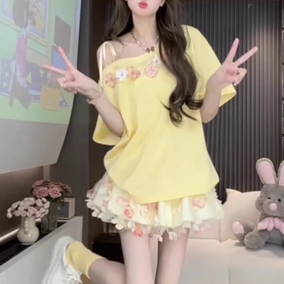2025夏季新款露肩黄油上衣立体花朵裙甜美减龄设计感时尚两件套装