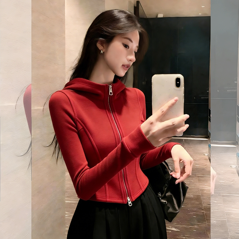 红韵俏雅~辣妹红色修身连帽拉链卫衣开衫女新年外套长袖内搭上衣