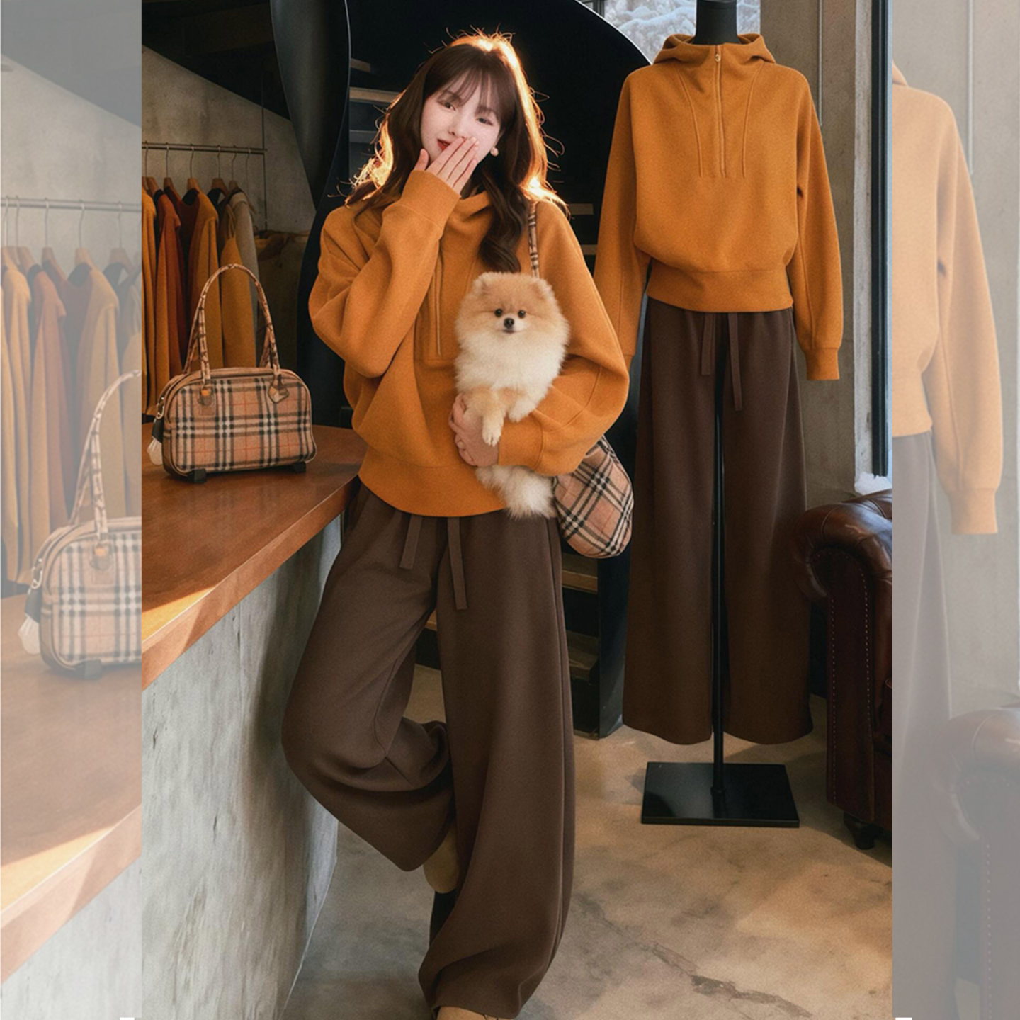 多巴胺橙色半开领拉链连帽卫衣