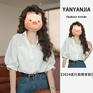 韩版 港风复古纯色短袖 新品 女2026夏季 休闲百搭宽松显瘦上衣潮 衬衫