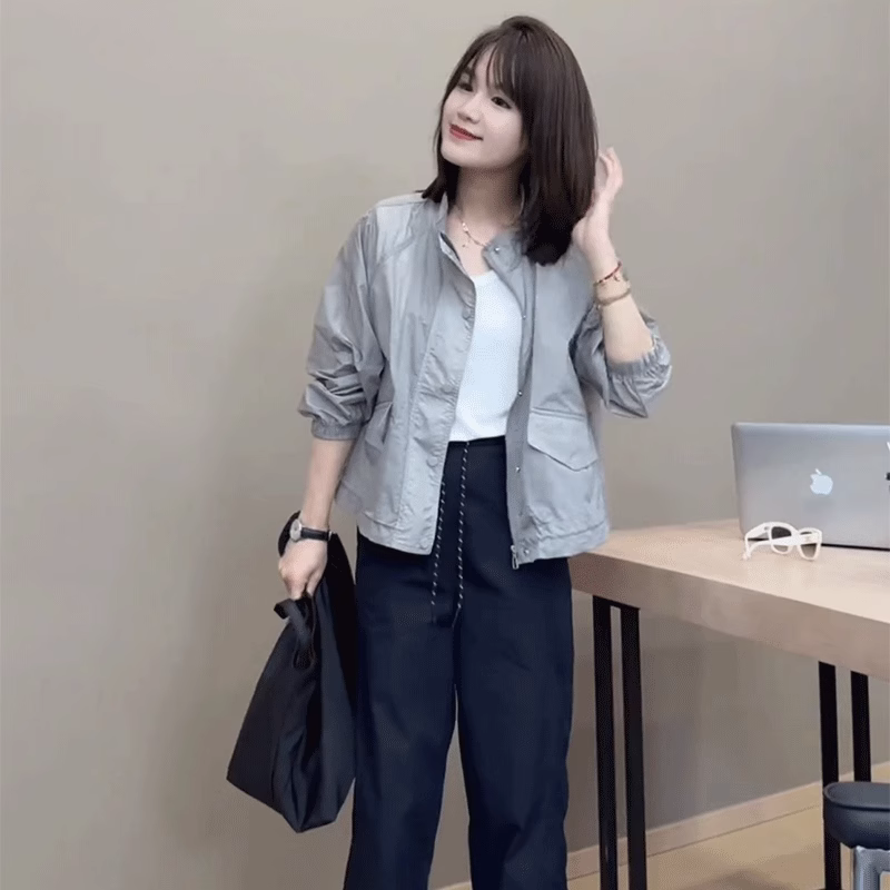 立领轻薄防晒衣女2025夏新款韩系宽松休闲百搭短款设计感外套上衣