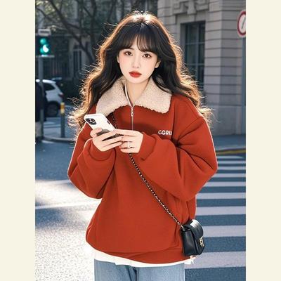 小个子时尚百搭安哥拉红色摇粒绒翻领拼接加厚套头卫衣外套女冬季