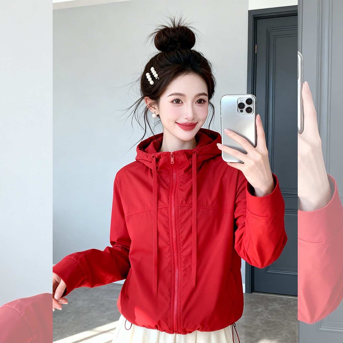 轻盈夏日~红色连帽短款外套女图片