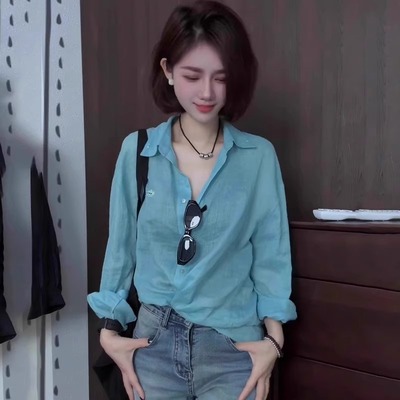 蓝色亚麻薄款防晒衬衫外套女款