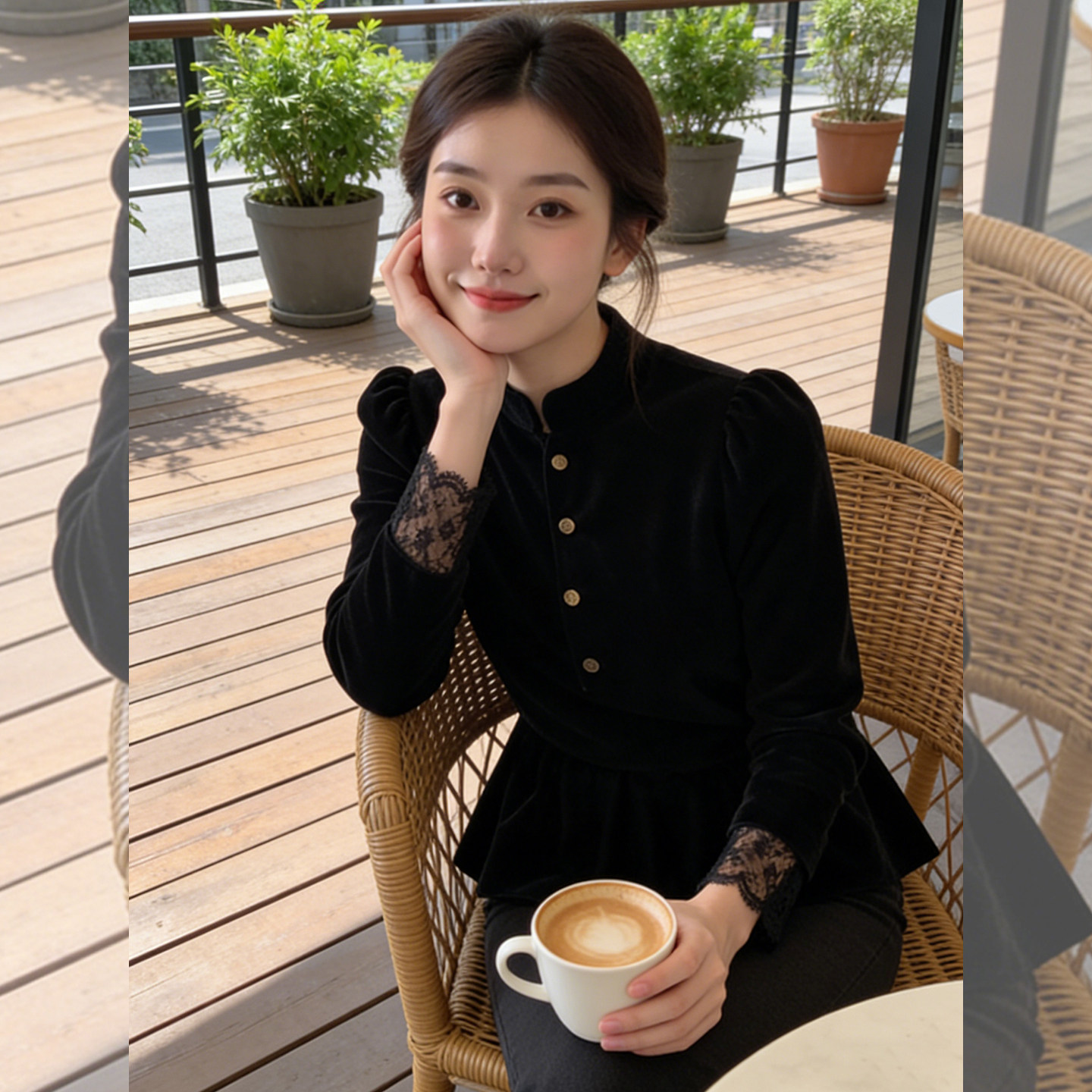 蕾丝花花~黑色立领丝绒上衣女2026新款洋气减龄衬衫修身收腰小衫