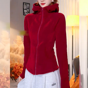 柔绒暖冬~2026秋冬红色连帽拉链外套女气质休闲舒适立领内搭上衣