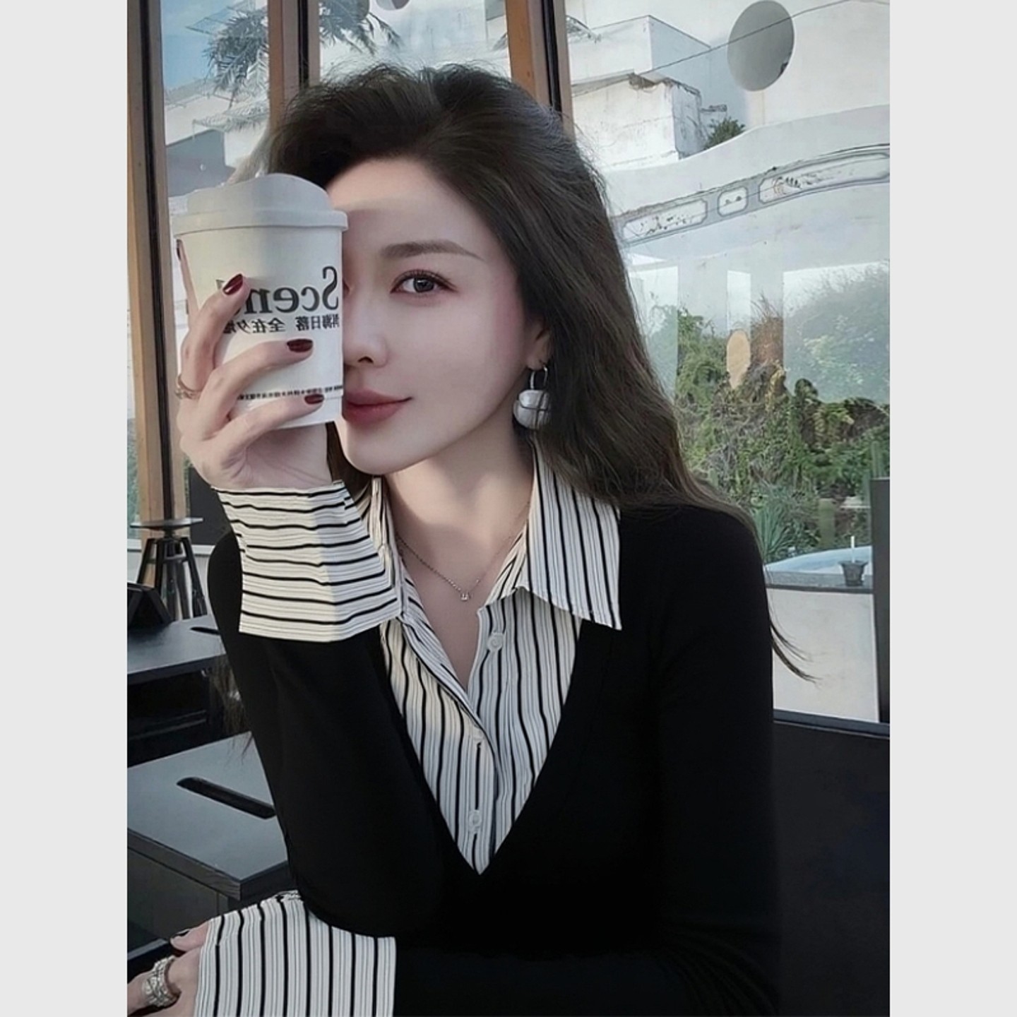 韩版假两件条纹拼接针织衫女