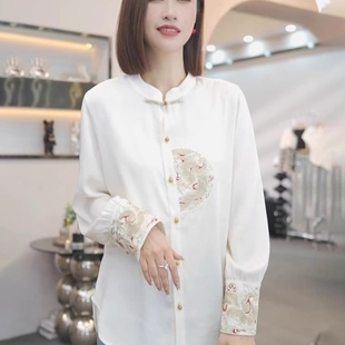 设计感小众宽松长袖 新款 别致上衣 女春季 欧货重工盘扣刺绣白色衬衫