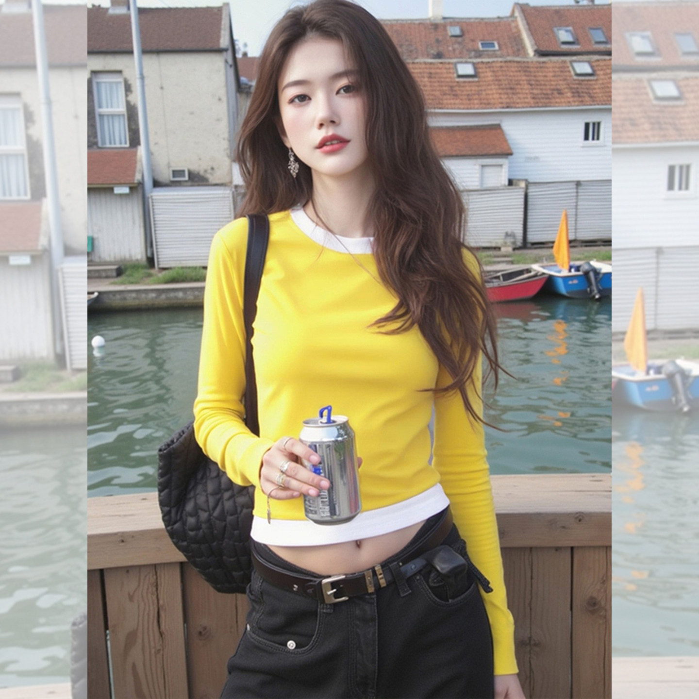 悸动波澜~韩系收腰显瘦内搭打底衫女款2026秋季黄色假两件长袖T恤,女装/女士精品,大码内搭,淘宝优惠券,粉丝福利购,淘宝优惠卷