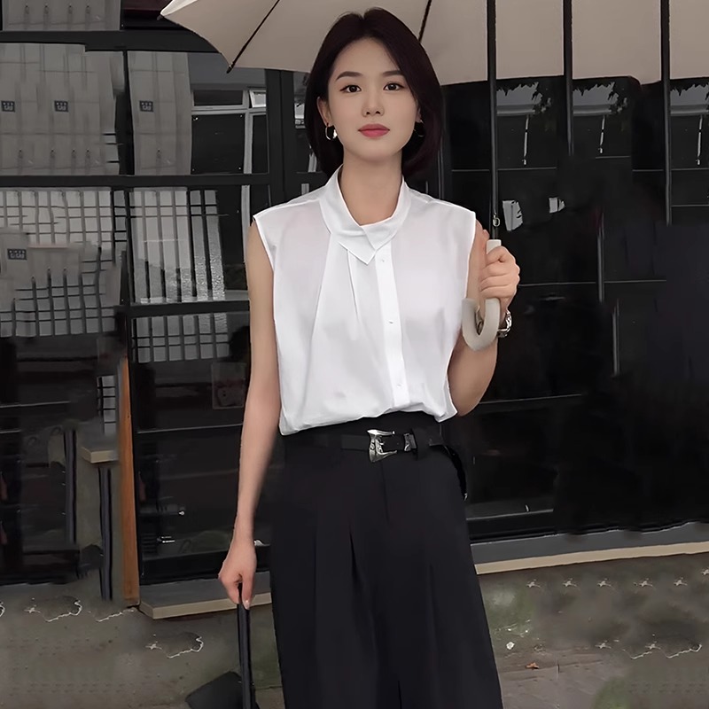 法式高级感立领无袖白色衬衫女2025新款夏季宽松显瘦休闲独特上衣