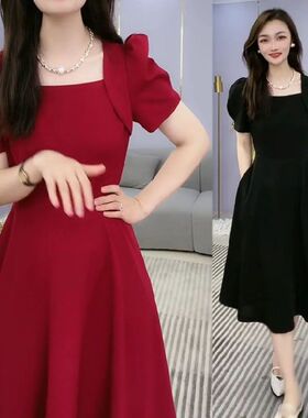 赫本风法式高档连衣裙女夏高贵新遮肉显瘦遮肚子收腰红色洋气裙子