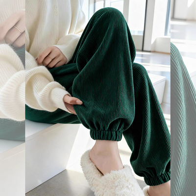 冷调森系~墨绿色灯芯绒束脚裤女