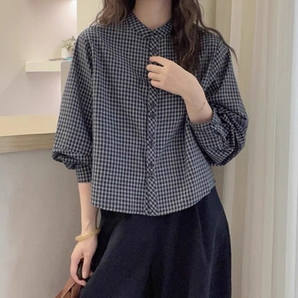 立领单排扣格子长袖衬衣女秋冬大码胖妹妹休闲风减龄显瘦百搭衬衫