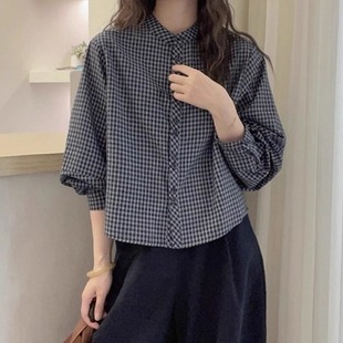 日系立领格子圆领衬衫女秋冬新款设计感小众法式别致内搭叠穿上衣