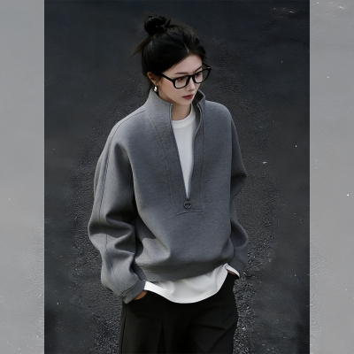 灰色设计修身显瘦半拉链立领卫衣