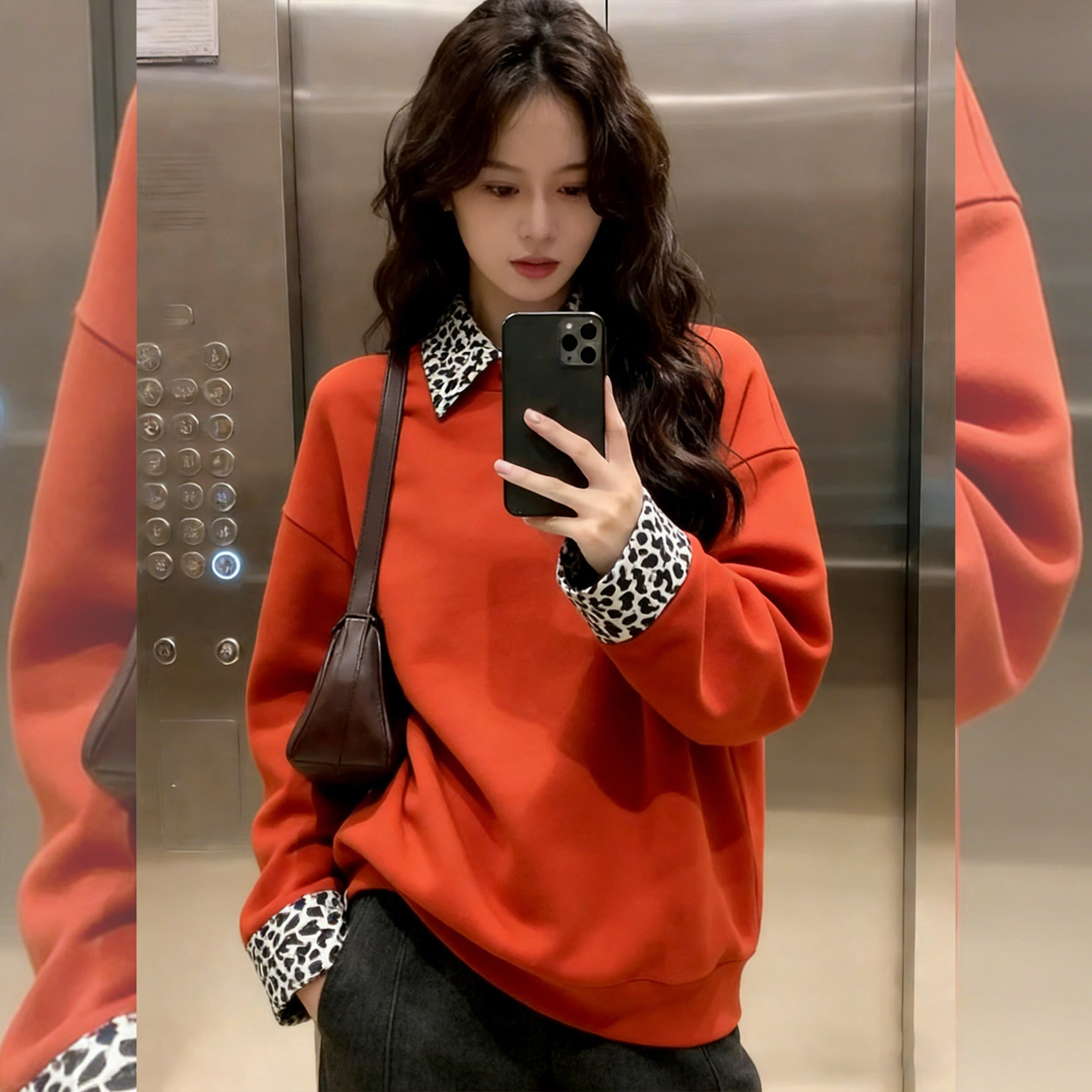 红调春装~橘红色卫衣女款春秋斑马纹拼接翻领假两件宽松显瘦上衣