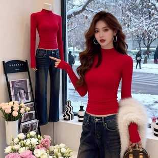玫瑰辣妹~半高领红色打底衫女内搭2026新款春季修身好看短款上衣