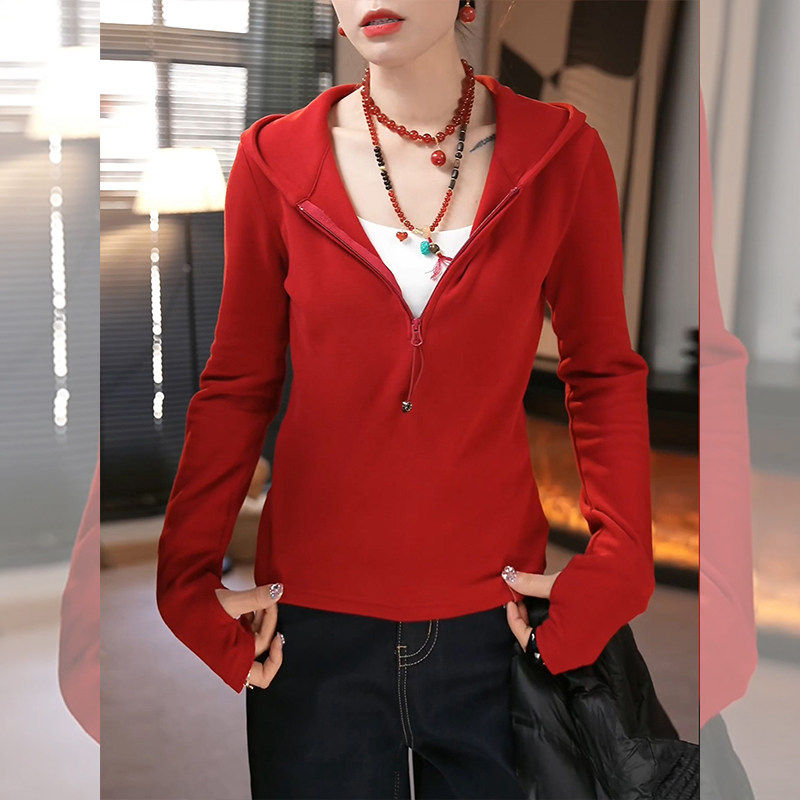 红色德绒连帽内搭打底衫女秋冬卫衣外套2026新款修身内搭长袖上衣,女装/女士精品,大码内搭,淘宝优惠券,粉丝福利购,淘宝优惠卷