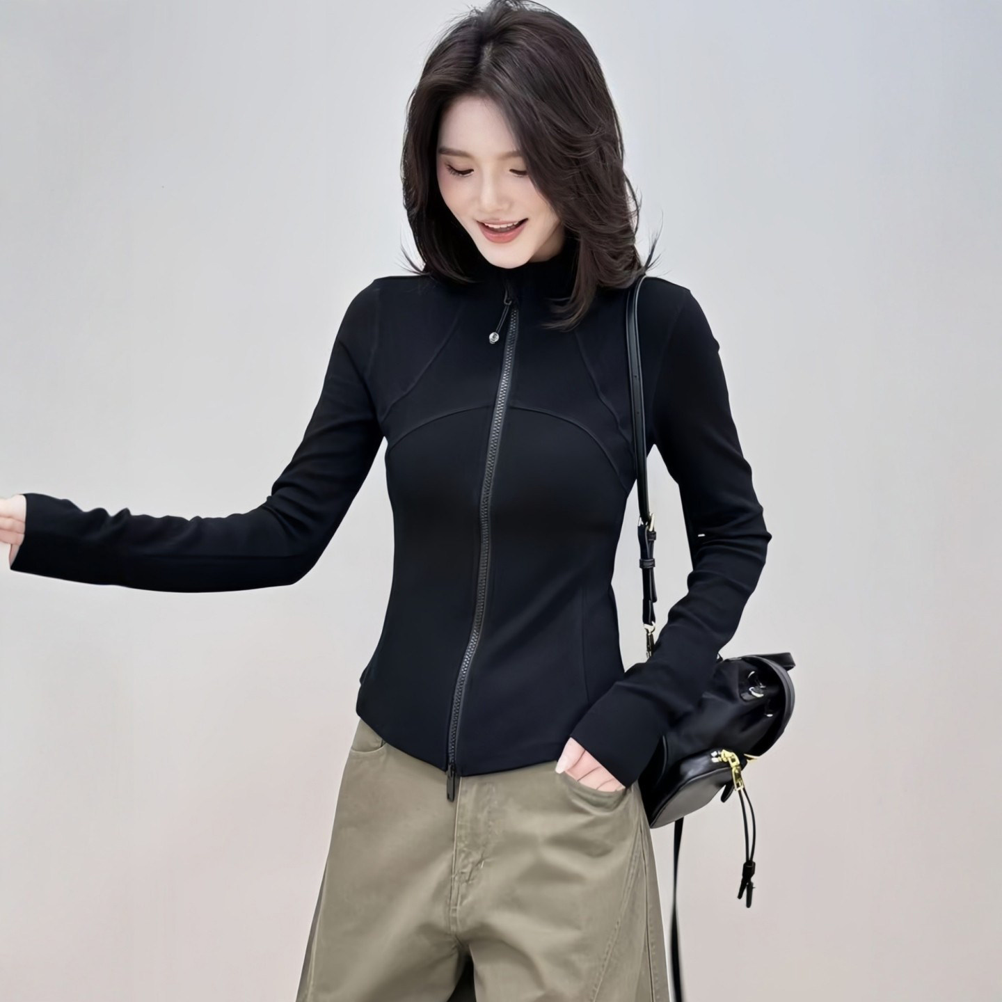 黑系公主~韩系双拉链立领卫衣女装2026秋季修身显瘦短款长袖上衣,女装/女士精品,大码内搭,淘宝优惠券,粉丝福利购,淘宝优惠卷