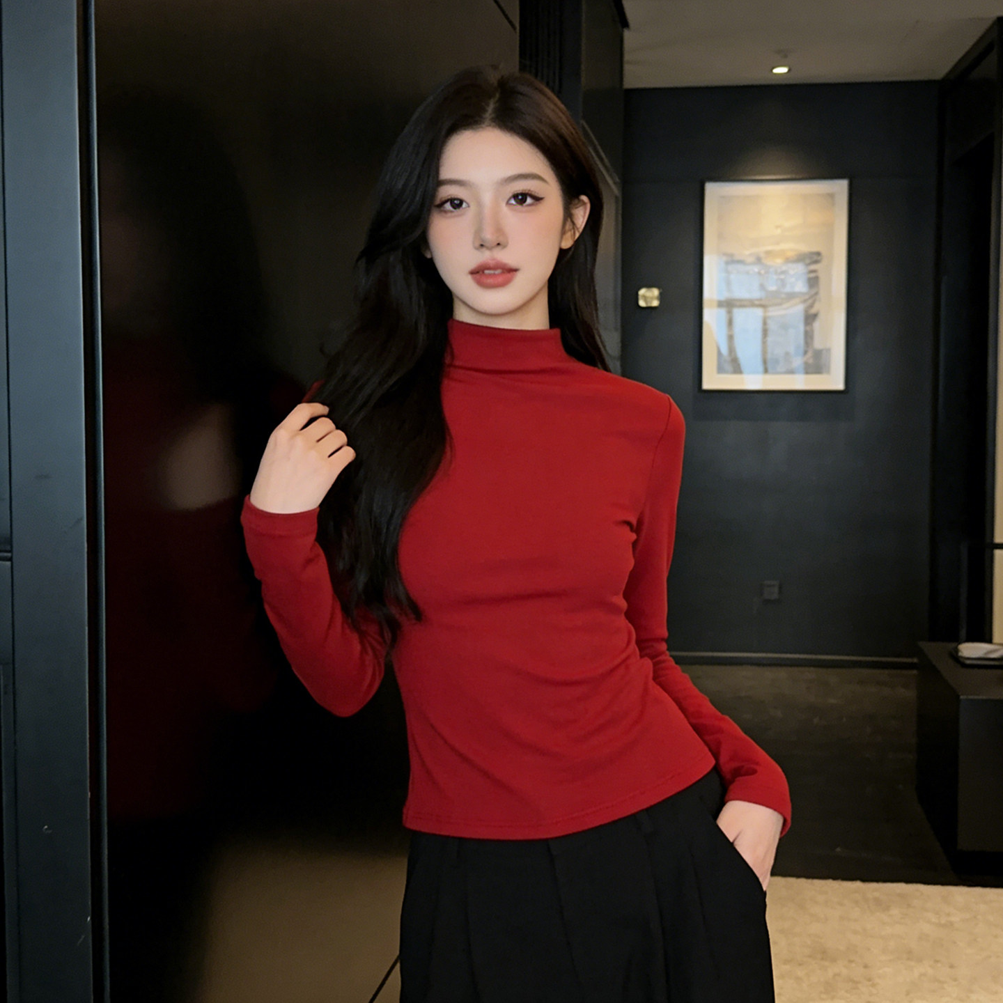显白红调~新年红色半高领打底衫女本命年内搭修身显瘦长袖T恤上衣 - 实物图