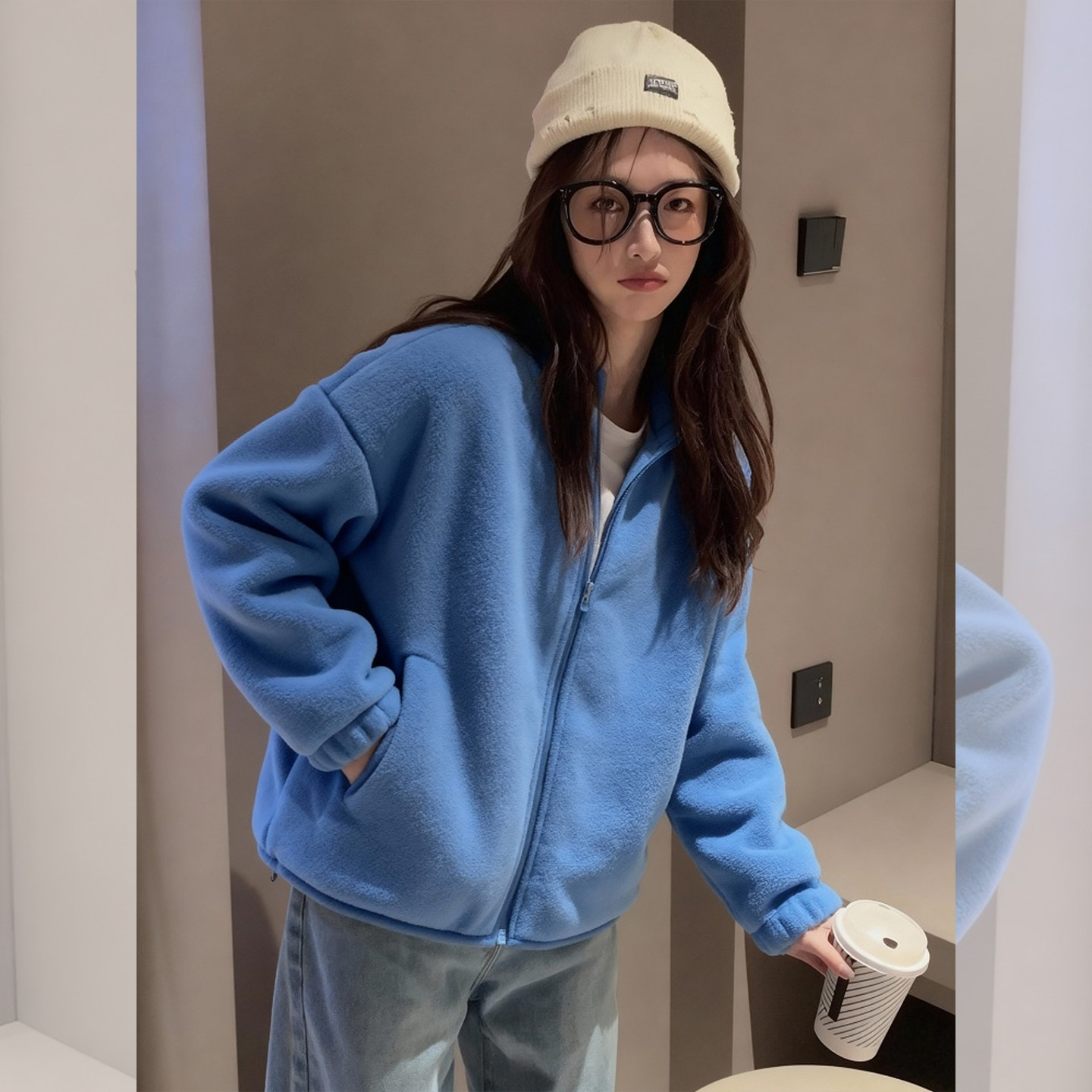 温暖港湾~韩系蓝色拉链开衫卫衣女2026秋季设计感摇粒绒短款外套,女装/女士精品,常规大码外套,淘宝优惠券,粉丝福利购,淘宝优惠卷