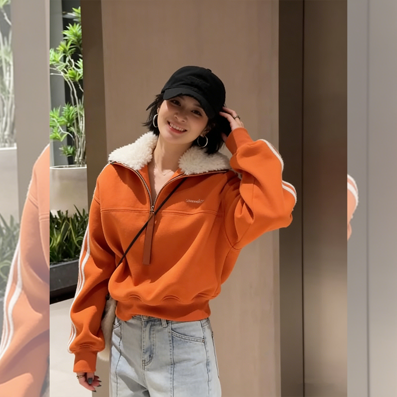冬日桔星~桔色羊羔毛大翻领半拉链卫衣女冬洋气加厚保暖宽松外套,女装/女士精品,时尚抓绒衣,淘宝优惠券,粉丝福利购,淘宝优惠卷