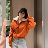 冬日桔星 桔色羊羔毛大翻领半拉链卫衣女冬洋气加厚保暖宽松外套