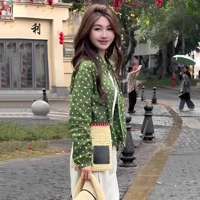 复古绿色波点薄款长袖外套女
