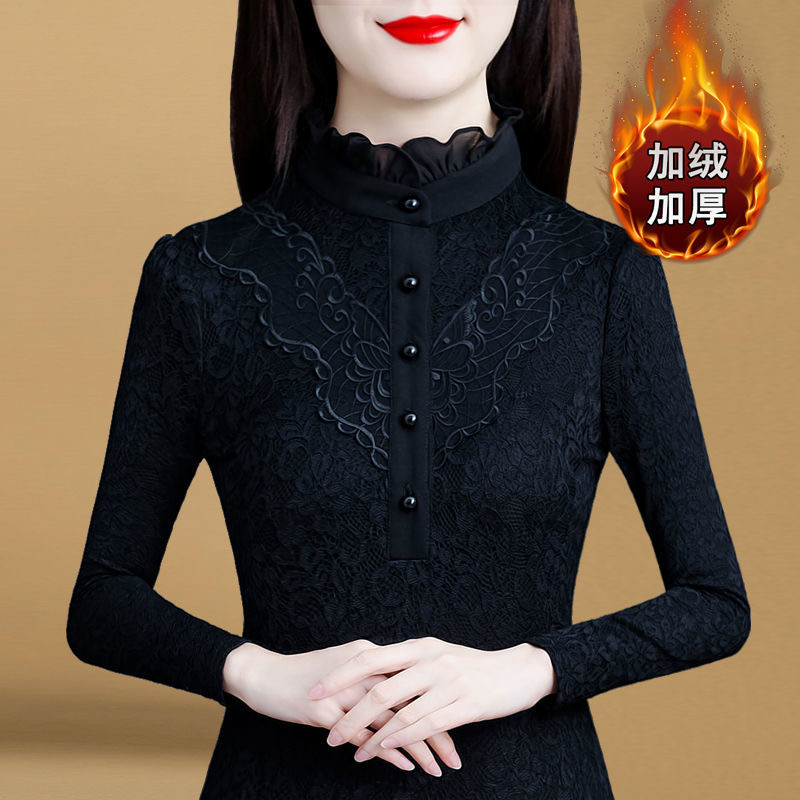 2023新款加绒加厚蕾丝打底衫女长袖大码秋冬