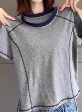 今年流行撞色明线短袖T恤女夏季新款灰色圆领正肩修身显瘦上衣潮