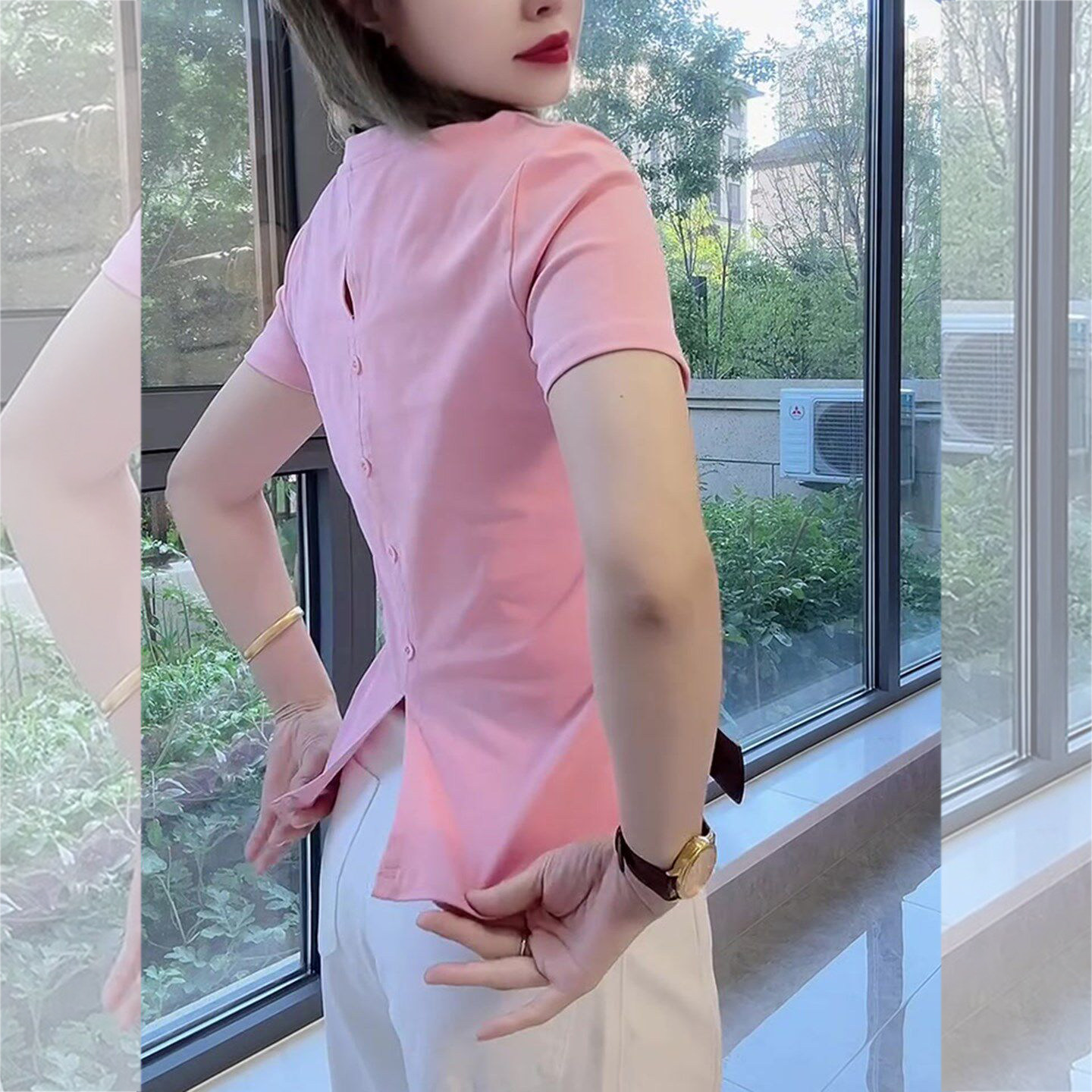 粉序巧裁~夏季粉色正肩短袖T恤女图片