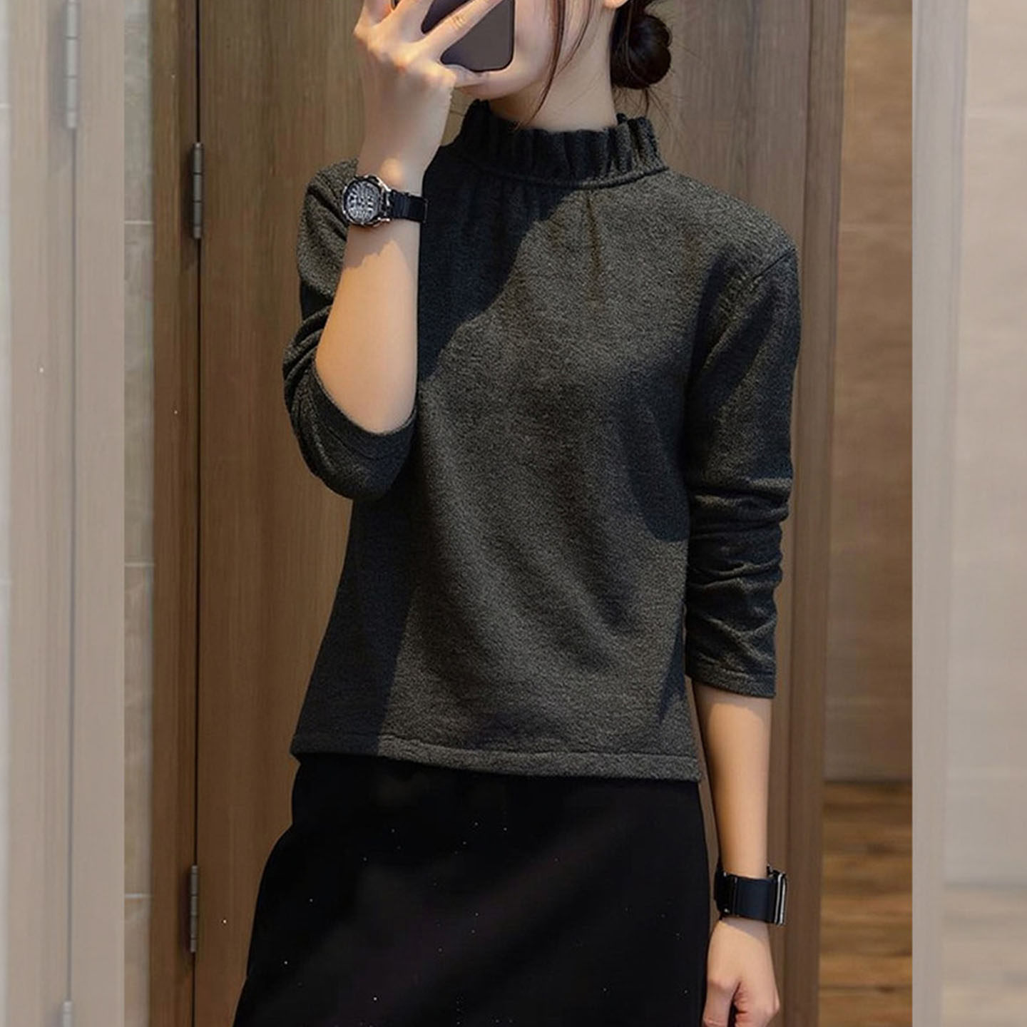 灰色明信~设计感半高领木耳边内搭打底衫女2025秋季修身显瘦上衣,女装/女士精品,大码内搭,淘宝优惠券,粉丝福利购,淘宝优惠卷