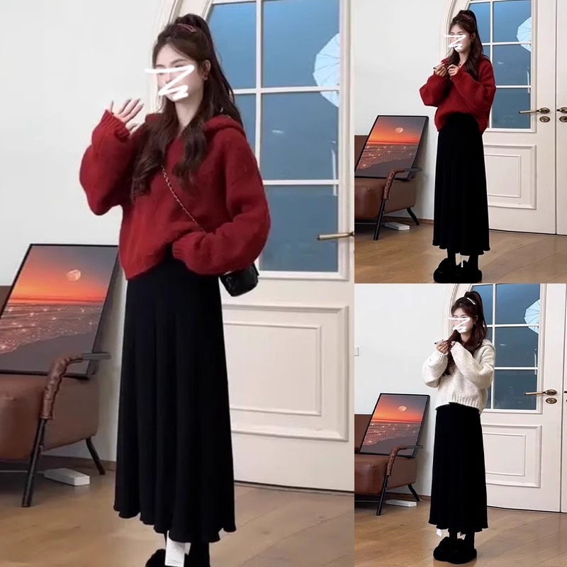 新款红色连帽卫衣针织连衣裙子