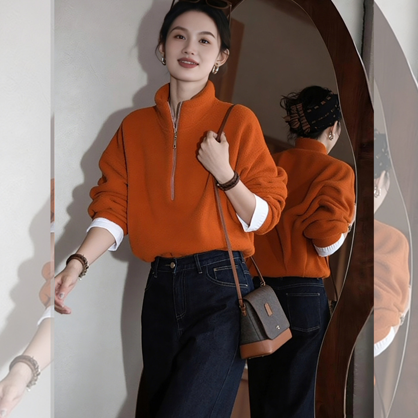 多巴胺橘色高领半拉链卫衣女装松弛感小众百搭别致上衣,女装/女士精品,大码内搭,淘宝优惠券,粉丝福利购,淘宝优惠卷