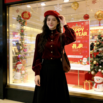 年味告急~酒红色立领丝绒上衣女