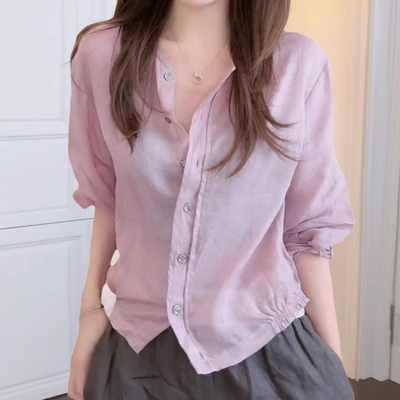 夏屿漫眠~七分袖棉麻防晒衬衫女