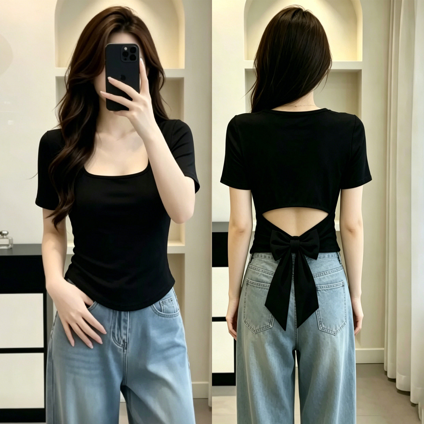 黑色镂空露腰绑带短袖上衣夏季女图片