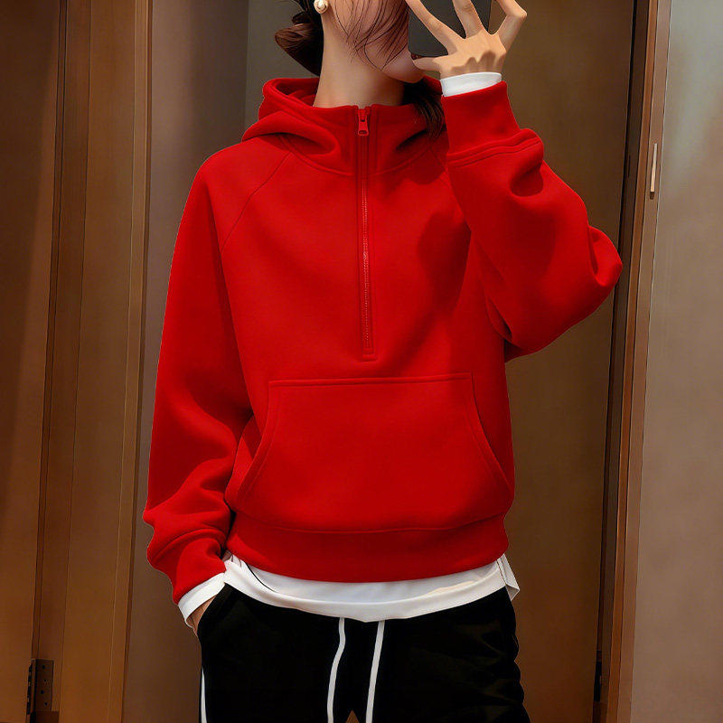 红乔花月~修身显瘦红色半拉链连帽内搭打底衫女秋季高级感长袖T恤,女装/女士精品,大码内搭,淘宝优惠券,粉丝福利购,淘宝优惠卷