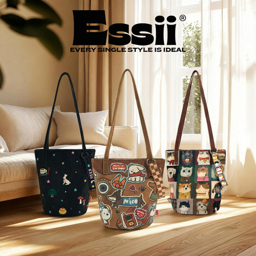 完美款款essii插画小众联名HJ休闲通勤印花单肩斜挎加长水桶布包