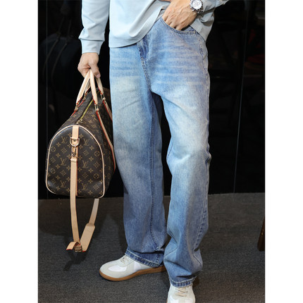 简素Design美式阔腿复古蓝色休闲牛仔裤男宽松直筒工装长裤子潮秋
