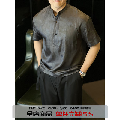 印染牛仔天丝美式休闲亨利衬衫男
