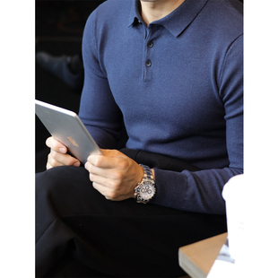 T恤衫 休闲通勤长袖 秋 男薄款 简素Design绵羊毛垂感亲肤polo针织衫