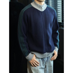 简素Design侧条纹撞色毛衣外套男立领针织开衫 宽松运动拉链卫衣冬