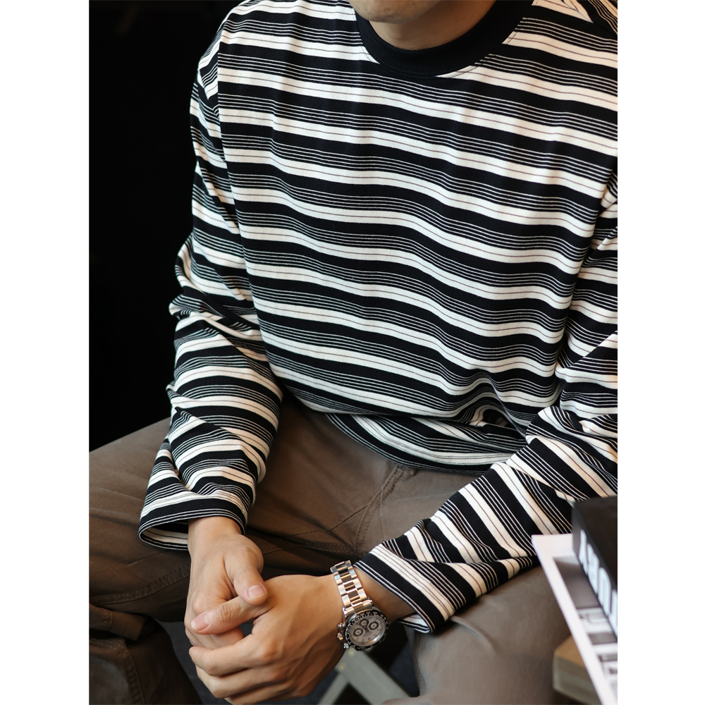日系纯棉复古条纹圆领长袖T恤男