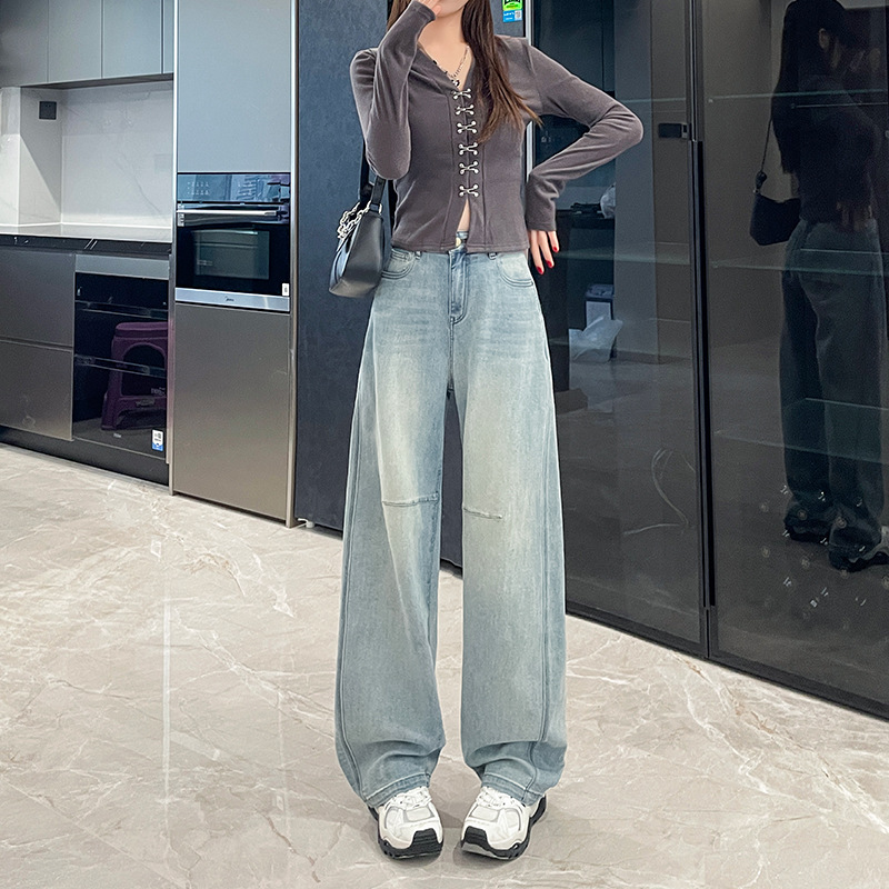 牛仔裤女士浅蓝色直筒阔腿宽松显瘦港风高腰窄版2025春夏新款长裤