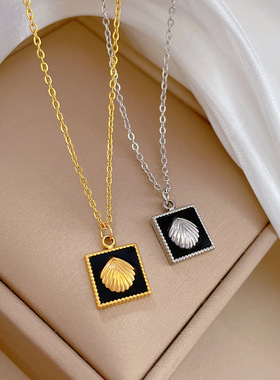 【通体钛钢】方块贝壳个性极简风炉内真金项链女ins网红锁骨链