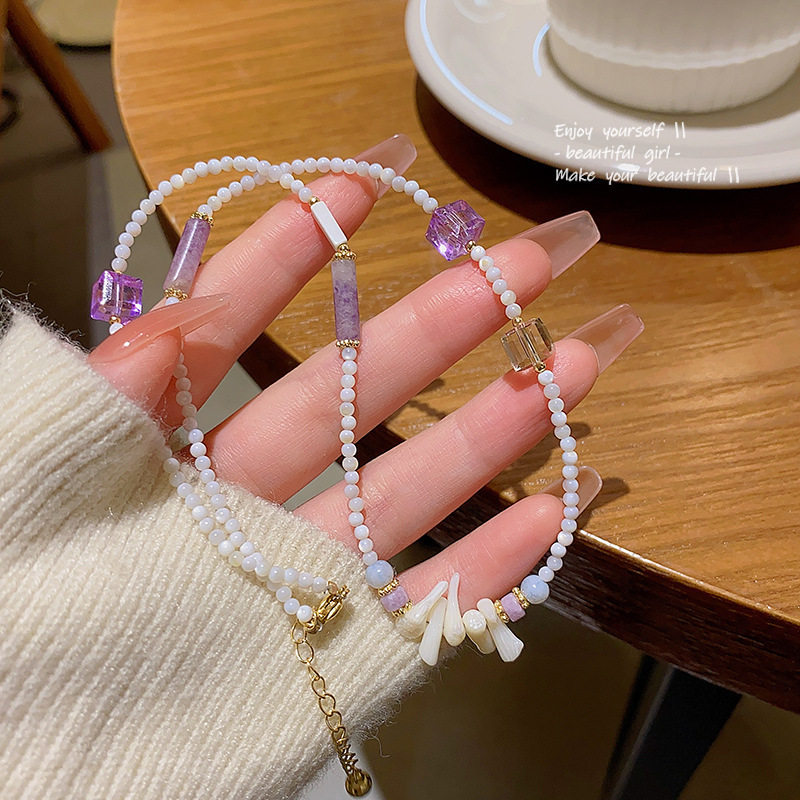 夏季小清新项链女款白色贝壳小圆珠搭配紫色水晶时尚日常通勤百搭