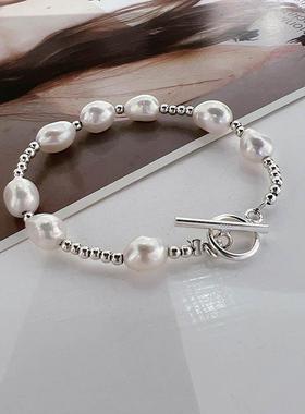 不锈钢圆珠异形淡水珍珠手串T形扣手链韩版网红手环时尚气质手饰
